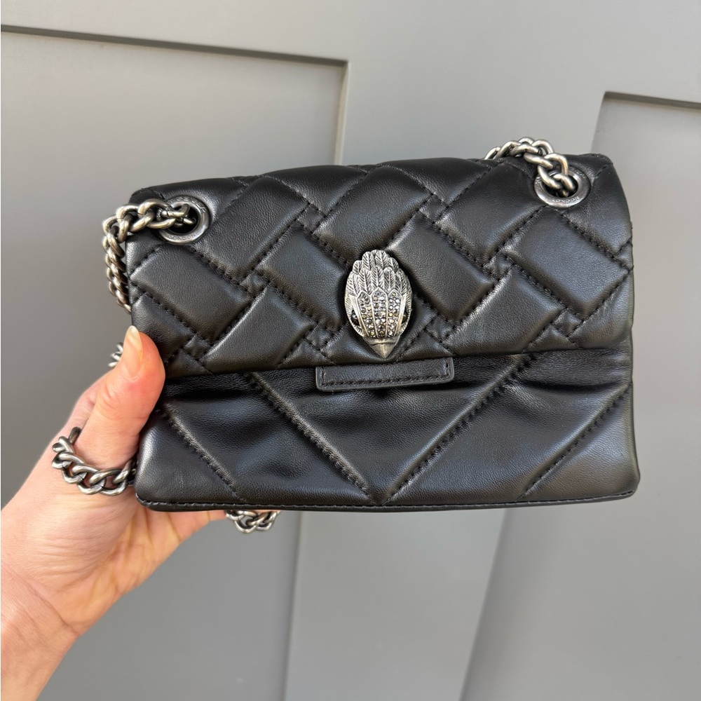 Kurt Geiger London Black Leather Quilted Chain Crossbody Bag with Crystal Bird